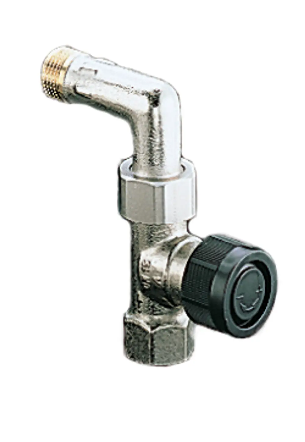 Thermostatventil mit Bogen und Durchgangsdesign aus Metall, verchromt, mit Kunststoffverschluss und Gewindeanschluss. Produkt von Oventrop zur Regelung von Heizungsanlagen.